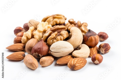  different types of nuts on a white background. Generative AI