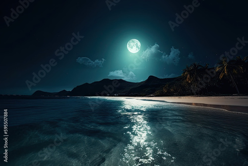 Tropical beach at night with bright full moon. Summer beach and ocean. Generative AI