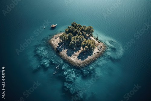 Island in the middle of the sea. Aerial view. Generative AI