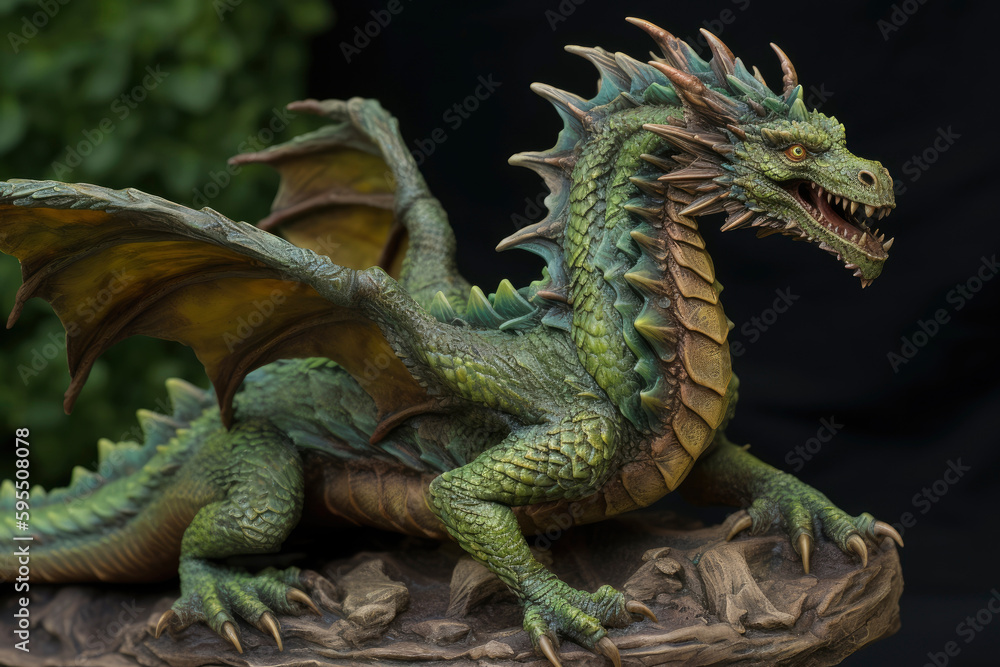 Obraz premium Figurine of a full length green wooden dragon with raised wings. Symbol of 2024. Chinese New Year Symbol. Dragon statuette. High resolution. Generative AI, human enhanced
