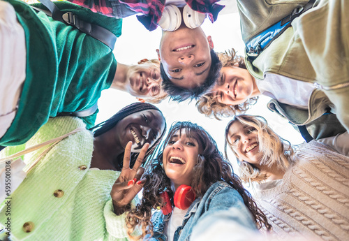 Multiracial group of students taking selfie picture after school -  International smiling people enjoying time together at school trip