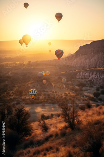 group of balloons for traveling flying in sky in summer at sunset. Generative AI illustration