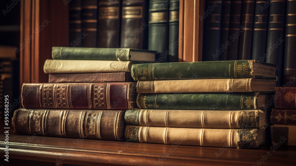 A Stack of Antique Leather Books in a Vintage Library. Generative AI A Stack of Antique Leather Books in a Vintage Library. Generative AI
