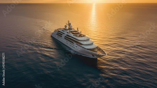 AI Generated. AI Generative. Photo Photography shot aerial from drone. Luxury big boat yacht. Cruise adventure vacation vibe. Can be used for promoting design agency. Graphic Art Illustration. © Graphic Warrior