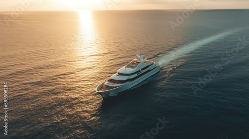 AI Generated. AI Generative. Photo Photography shot aerial from drone. Luxury big boat yacht. Cruise adventure vacation vibe. Can be used for promoting design agency. Graphic Art Illustration. © Graphic Warrior