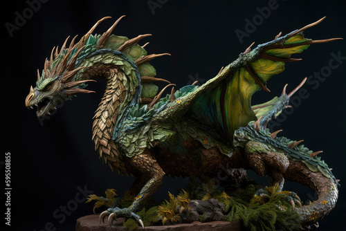 Figurine of a full length green wooden dragon with raised wings. Symbol of 2024. Chinese New Year Symbol. Dragon statuette. High resolution. Generative AI, human enhanced