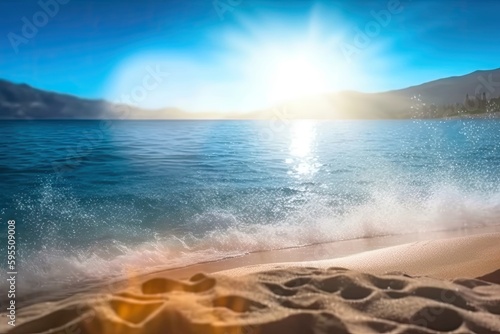 Natural blurred defocused background for summer vacation. Tropical summer beach nature with sunshine. Light sandy beaches  the sea glistening against the blue sky. Generative AI.