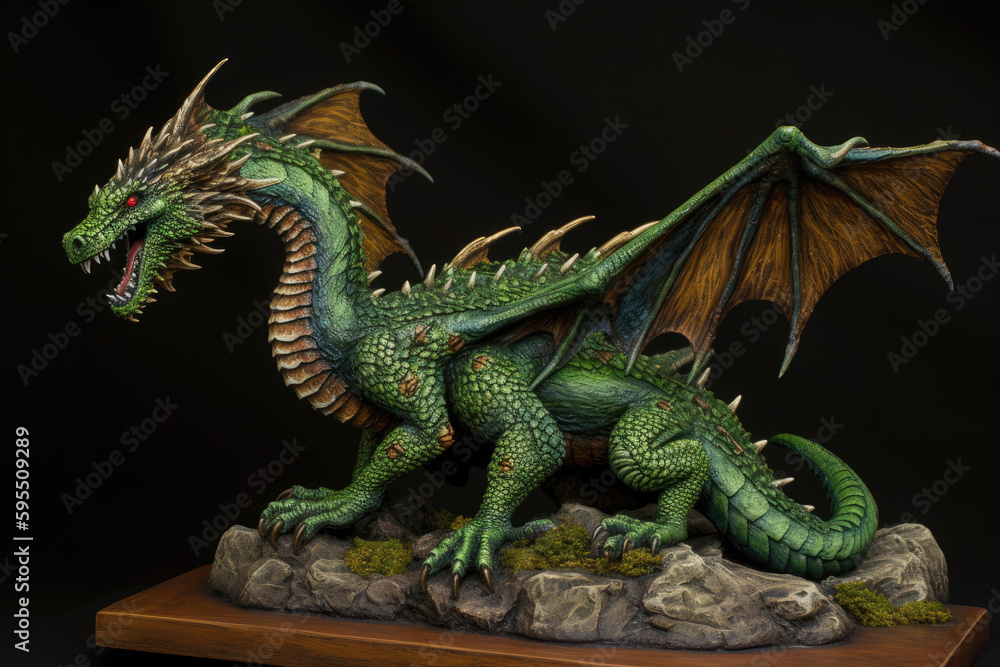 Fototapeta premium Figurine of a full length green wooden dragon with raised wings. Symbol of 2024. Chinese New Year Symbol. Dragon statuette. High resolution. Generative AI, human enhanced