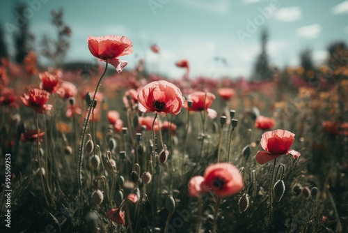 Spring wildflower blooms in a field of Papaver Rhoeas. Generative AI