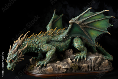 Figurine of a full length green wooden dragon with raised wings. Symbol of 2024. Chinese New Year Symbol. Dragon statuette. High resolution. Generative AI  human enhanced