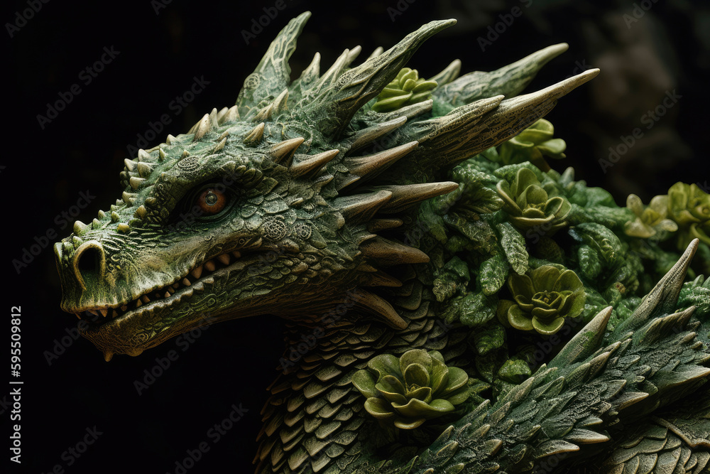 Close up image of head of green wooden dragon with leaves and branches growing from scales. Symbol of 2024. Chinese New Year. Detailed Dragon figurine. High resolution. Generative AI, human enhanced Close up image of head of green wooden dragon with leaves and branches growing from scales. Symbol of 2024. Chinese New Year. Detailed Dragon figurine. High resolution. Generative AI, human enhanced