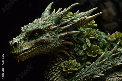 Close up image of head of green wooden dragon with leaves and branches growing from scales. Symbol of 2024. Chinese New Year. Detailed Dragon figurine. High resolution. Generative AI, human enhanced