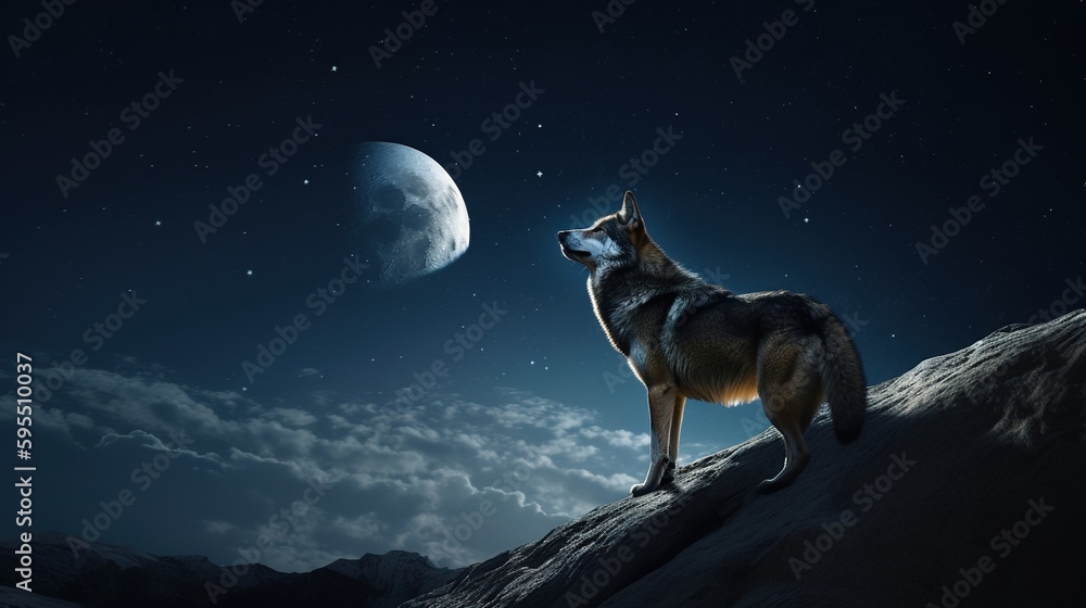 Majestic Wolf Gazing at the Moonlit Sky. Generative AI Majestic Wolf Gazing at the Moonlit Sky. Generative AI