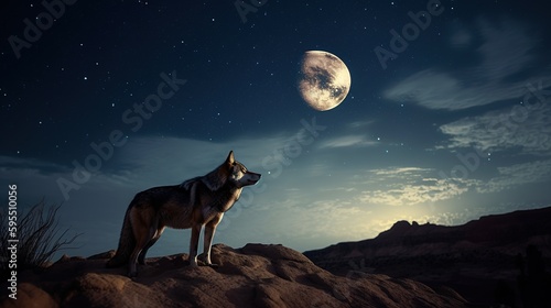 Majestic Wolf Gazing at the Moonlit Sky. Generative AI © _veiksme_