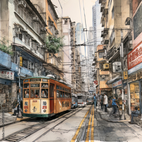 Hong Kong, Hong Kong, city Tram, watercolour collage, generated by ai 