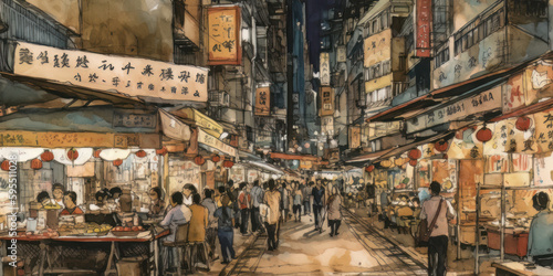  Hong Kong, Hong Kong, night market , watercolour collage, generated by ai
