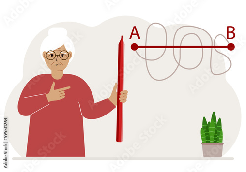 A woman with a red pencil in his hand. A line is drawn from point A to point B, a straight and difficult path, the shortest distance to the goal, an easy or short path to success in business and life.