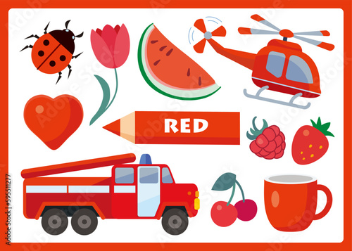Red cartoon illustration for learning colors. Cute red objects set for kids: ladybug, tulip, fire truck, heart, strawberry, cherry, raspberry, helicopter, watermelon, cup.