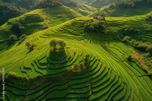 Aerial photography of mountains with rice plantations. Breathtaking fantasy landscape of rice terraces. Dron view of the rice paddies. 6K high resolution image. Generative AI  human enhanced