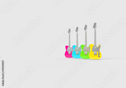 Colorful, bright electric guitars. 3d render on the theme of music, musical instruments, disco, audio. Modern minimal style, grey background.