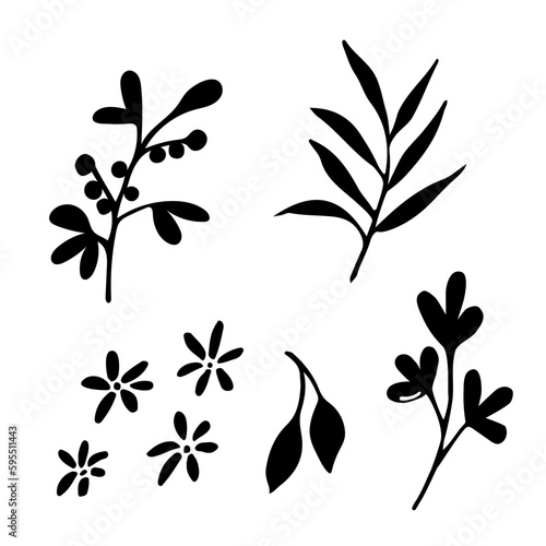 Doodles of pencil drawing - flowers, twigs. freehand ink sketch. Vector illustration isolated on white background.