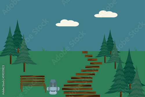 Illustration of outdoor scene with hiking trail, bench, backpack and sleeping bag with nature background for posters, flyers, banners.