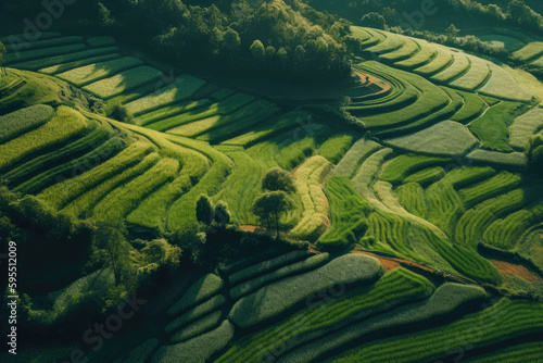 Aerial photography of mountains with rice plantations. Breathtaking fantasy landscape of rice terraces. Dron view of the rice paddies. 6K high resolution image. Generative AI  human enhanced