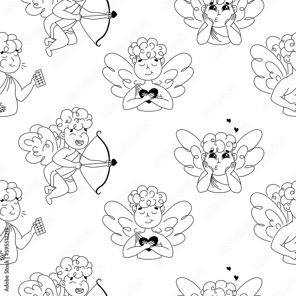 Seamless pattern with cupid, cupid with bow and arrows, angel with heart