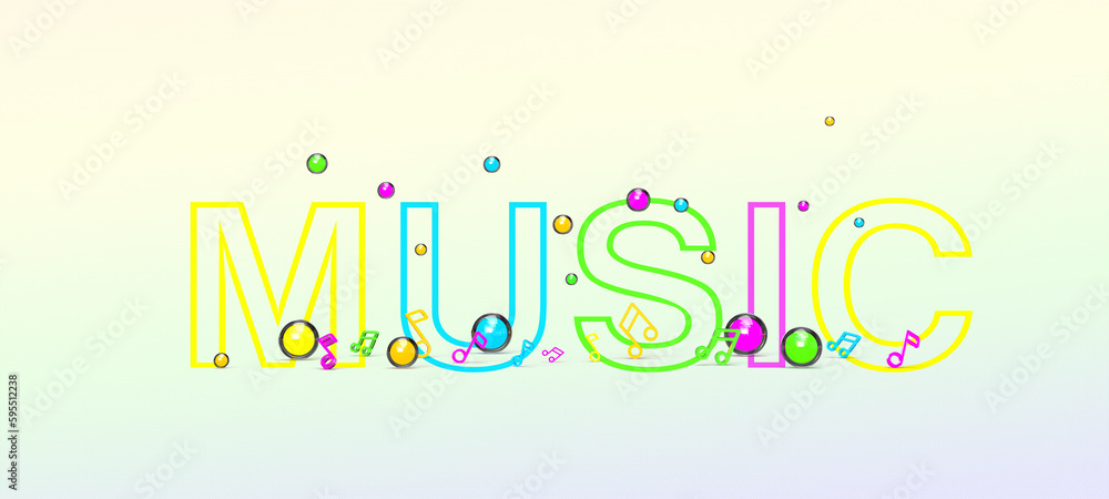 A pattern of musical notes and glowing balls on a bright background with the text music. 3d render on the theme of music, musical instruments, discos. A pattern of musical notes and glowing balls on a bright background with the text music. 3d render on the theme of music, musical instruments, discos.