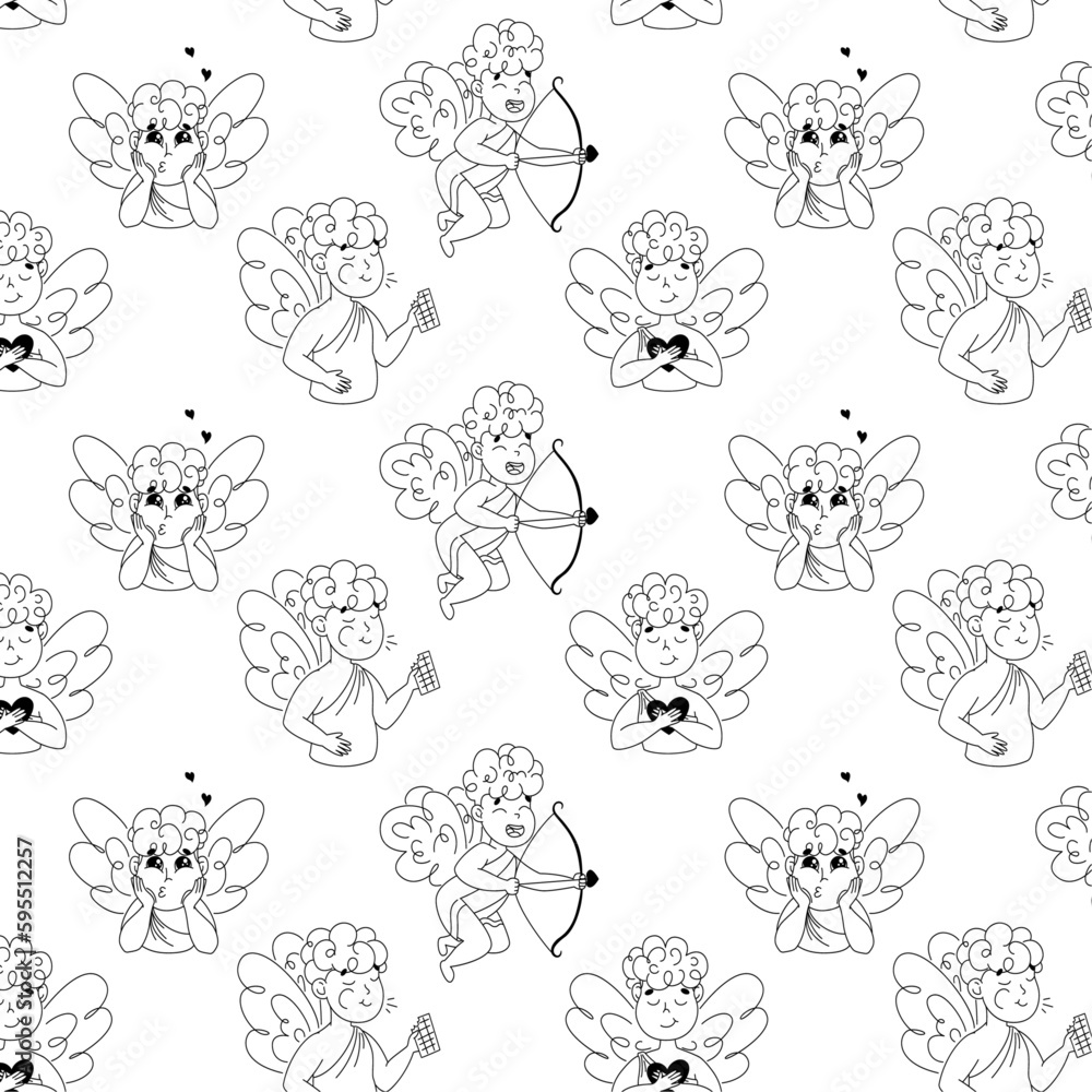 Seamless pattern with cupid, cupid with bow and arrows, angel with heart Seamless pattern with cupid, cupid with bow and arrows, angel with heart