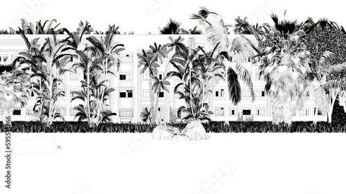 house in the jungle on the river bank  sketch  outline illustration  cg render