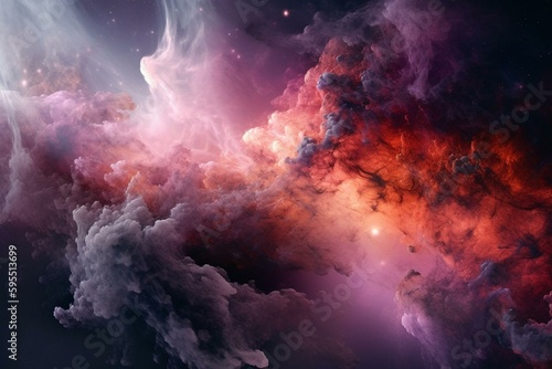 Contemporary outer space wallpaper with pink and purple nebula panorama. Generative AI