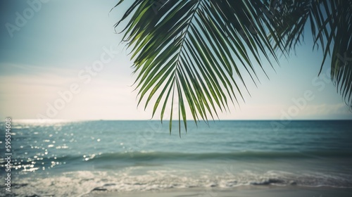 Tropical summer seascape with palm leaves, beach and paradise ocean. Vacation and travel backdrop. Generative AI