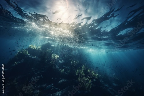 Underwater ocean waves with particles and light rays. Generative AI