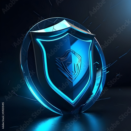 Cyber-Security Logo design that reflects the strength and reliability of the company. A metal shield in a dark blue hue to represent protection and stability. HD, 8k photo