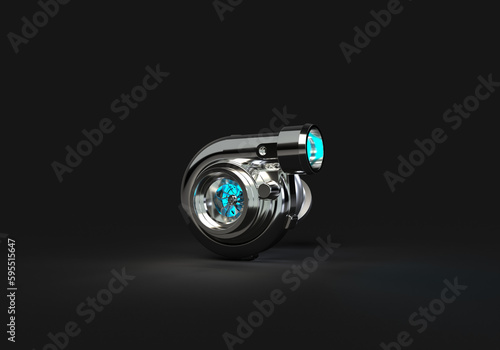 Turbine for the car engine. Blue, cold airflow on a dark background. 3d rendering on the topic of speed, car, movement, spare parts.