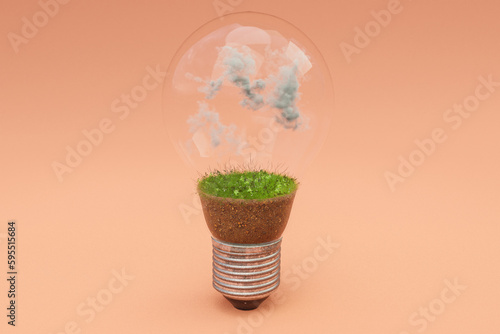single lightbulb with green soil and clouds  renewable clean energy concept  3D Illustration © Imillian