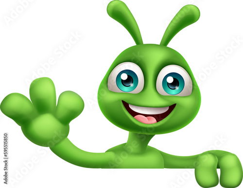 An alien cute little green man Martian cartoon mascot peeking over a sign and waving