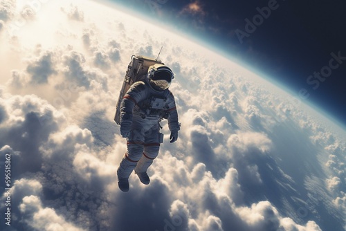 Astronaut floating above planet's clouds in the atmosphere. Generative AI
