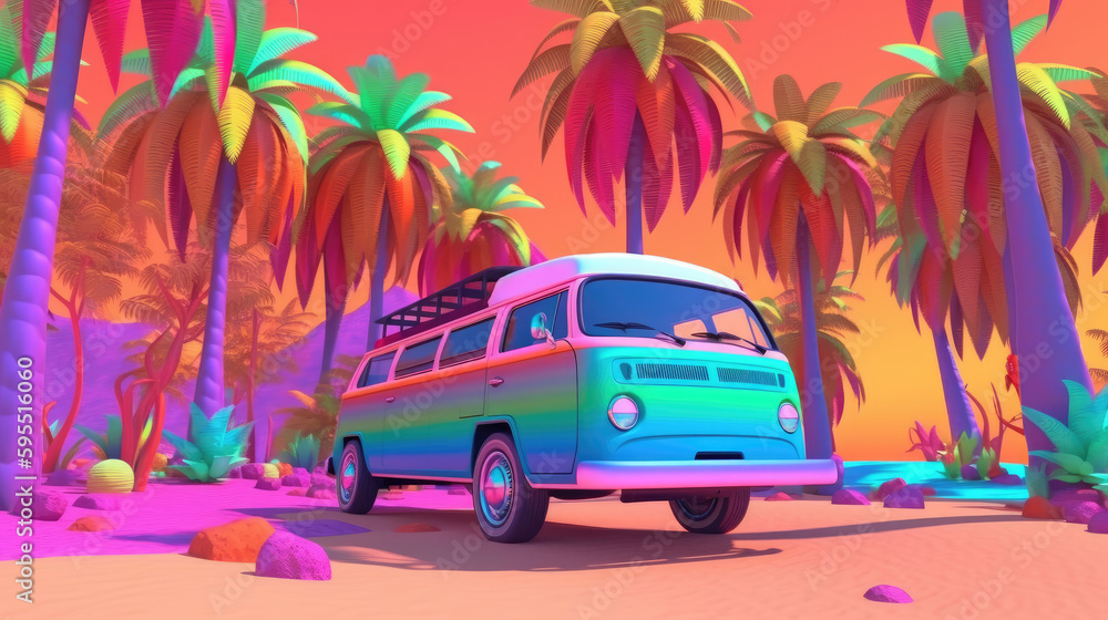 colorful palm trees in a colorful planet with a hippie van in it, happiness, hippie, colorful, vibrant, hyper realistic