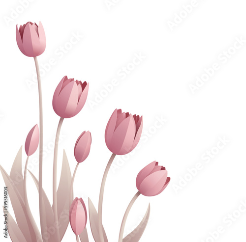 Paper craft or paper cut origami style floral tulip flowers design. With pink tulips background corner frame design elements. Perfect for Valentines Day or Mothers Day.