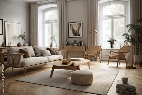 A modern scandinavian living room with furniture design and white walls. Rendered in 3D. Generative AI © Rafaela