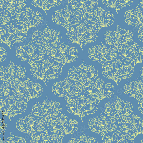 Vector seamless pattern with compositions of hand drawn abstract flowers. Damask stylized seamless pattern tile.