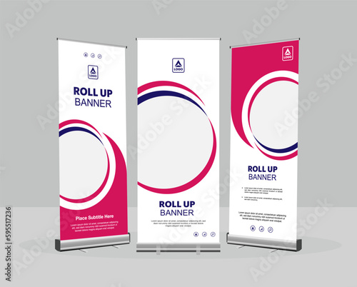 Roll up banner design template, vertical, abstract background, pull up design, modern x-banner, rectangle size. pink blue banner.