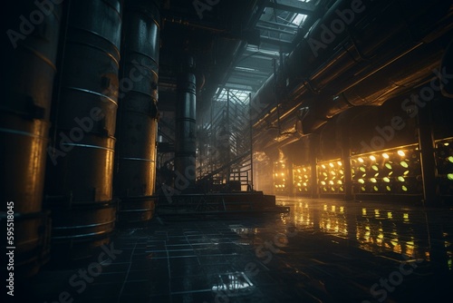 Sunlight illuminates pipes of nuclear power plant's cooling tower in cyberpunk setting with AI generation. Generative AI