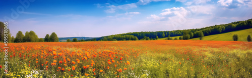 panorama with field meadow with blooming spring flowers against blue sky in summer. Generative AI illustration