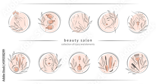 Set of elements and logos for beauty salon. Nail polish, manicured female hands and legs, beautiful woman face, lipstick, eyelash extension, makeup, hairdressing. Vector illustrations