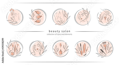 Set of elements and logos for beauty salon. Nail polish,  manicured female hands and legs, beautiful woman face, lipstick, eyelash extension, makeup, hairdressing. Vector illustrations