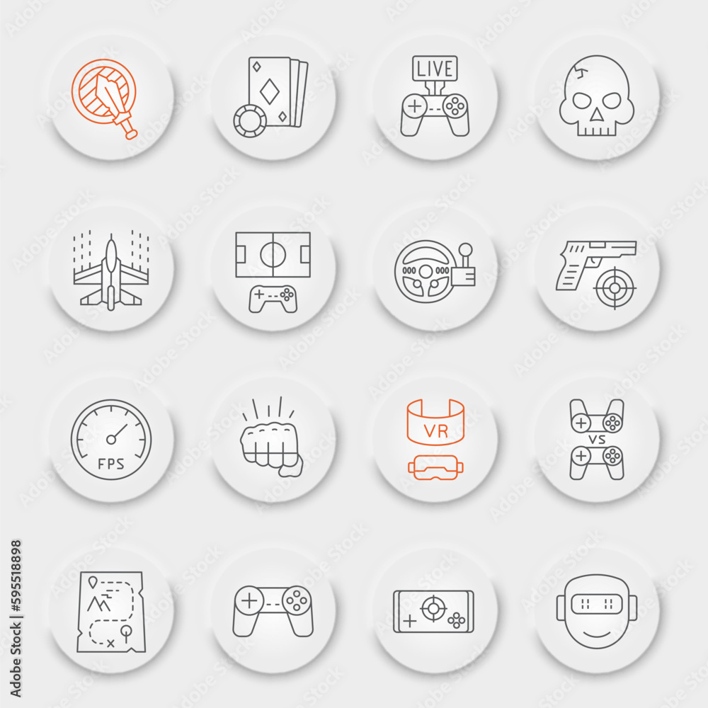 Video games line icon set, gaming symbols collection, vector sketches, neumorphic UI UX buttons, video gaming icons, play signs linear pictograms, editable stroke Video games line icon set, gaming symbols collection, vector sketches, neumorphic UI UX buttons, video gaming icons, play signs linear pictograms, editable stroke