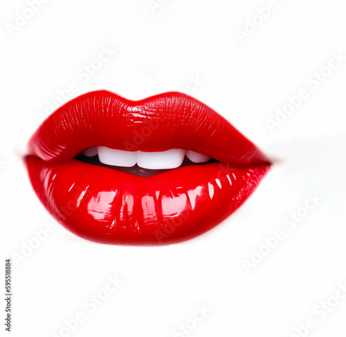 Close-up of woman's lips, Lush Red Lips. isolated on White, highlighting beauty, shallow depth of field, Illustrative Generative AI